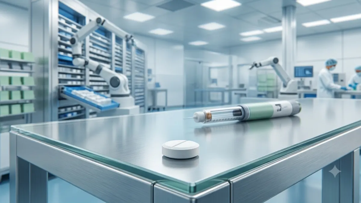 Oral GLP-1 tablet and injection pen in a pharmaceutical production setting
